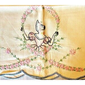 Vintage Hand Embroidered Pillow Case 1950’s  Standard Pillow Girl Under Arbor